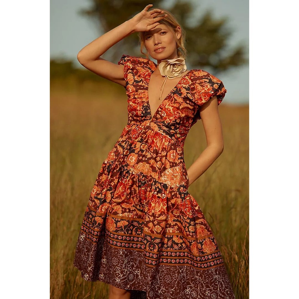 nwt by ANTHROPOLOGIE sz 14 Printed V-Neck Babydoll Dress in red motif